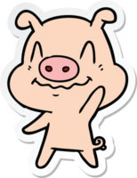 sticker of a nervous cartoon pig waving png