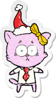 hand dragen bedrövad klistermärke tecknad serie av en katt bär santa hatt png