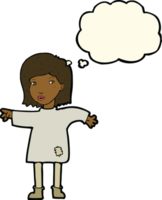 cartoon woman in patched clothing with thought bubble png