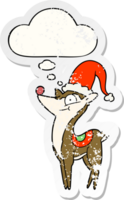 cartoon christmas reindeer with thought bubble as a distressed worn sticker png