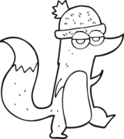 hand drawn black and white cartoon little wolf wearing hat png