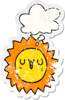 cartoon sun with thought bubble as a distressed worn sticker png