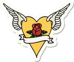 sticker of tattoo in traditional style of a flying heart with flowers and banner png