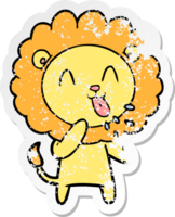 distressed sticker of a happy cartoon lion png