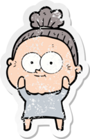 distressed sticker of a cartoon happy old woman png