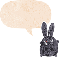 mignonne dessin animé lapin avec discours bulle dans grunge affligé rétro texturé style png