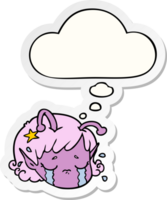 cartoon alien space girl face crying with thought bubble as a printed sticker png
