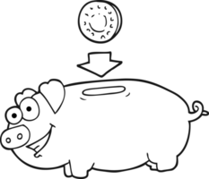 hand drawn black and white cartoon piggy bank png