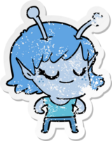 distressed sticker of a smiling alien girl cartoon png