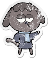 distressed sticker of a cartoon tired dog wearing winter clothes png