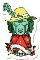 sticker of a crying orc bard character with natural one D20 roll png