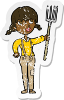 retro distressed sticker of a cartoon farmer girl png