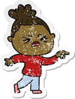 distressed sticker of a cartoon angry woman png