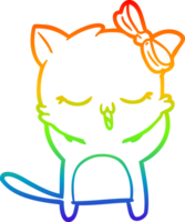 rainbow gradient line drawing of a cartoon cat with bow on head png