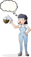 hand drawn thought bubble cartoon woman in dungarees with coffee png