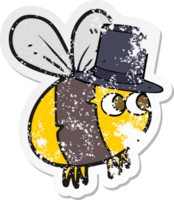 retro distressed sticker of a cartoon bee in top hat png