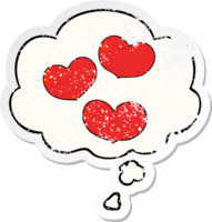dessin animé l'amour cœurs avec pensée bulle comme une affligé usé autocollant png
