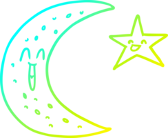 cold gradient line drawing of a happy cartoon moon and star png