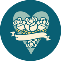 image emblématique de style tatouage d'un coeur et d'une bannière avec des fleurs png