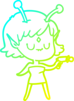 cold gradient line drawing of a cartoon alien girl with ray gun png