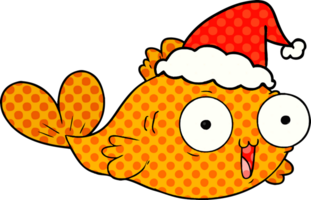 happy goldfish hand drawn comic book style illustration of a wearing santa hat png