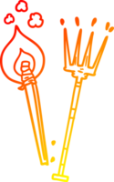 warm gradient line drawing of a cartoon pitchfork and burning brand png