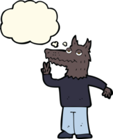 cartoon happy wolf man with thought bubble png