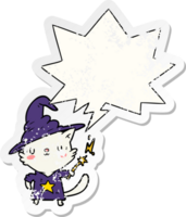 magical amazing cartoon cat wizard with speech bubble distressed distressed old sticker png