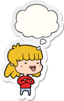 cartone animato ragazza attaccare su lingua con pensato bolla come un' stampato etichetta png