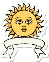 worn old sticker with banner of a sun with face png