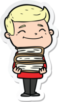 sticker of a happy cartoon man with stack of books png