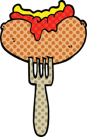 comic book style cartoon hotdog with mustard and ketchup on fork png