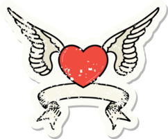 versleten oud sticker met banier van een hart met Vleugels png