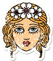 Distressed Sticker Tattoo im traditionellen Stil des weiblichen Gesichts mit Blumenkrone png