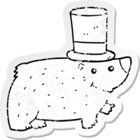 autocollant en détresse d'un ours de dessin animé portant un chapeau haut de forme png