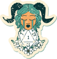 grunge sticker of a crying tiefling with natural one D20 dice roll png