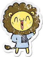 distressed sticker of a happy cartoon lion png