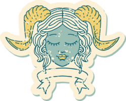 Retro Tattoo Style tiefling character face with scroll banner png