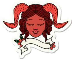 sticker of a tiefling character face with scroll banner png