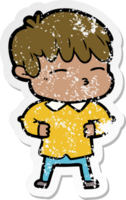 distressed sticker of a cartoon curious boy png