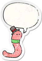 schattig tekenfilm worm met toespraak bubbel verontrust verontrust oud sticker png