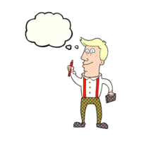 hand drawn thought bubble cartoon man with notebook and pen png