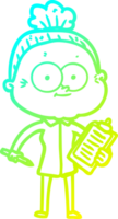 cold gradient line drawing of a cartoon happy old woman png