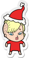 hand- getrokken sticker tekenfilm van een verrast meisje vervelend de kerstman hoed png