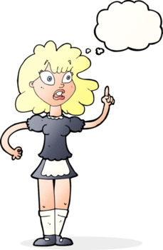 mucama preocupada de dibujos animados con burbuja de pensamiento png