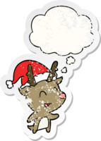 cartoon christmas reindeer with thought bubble as a distressed worn sticker png