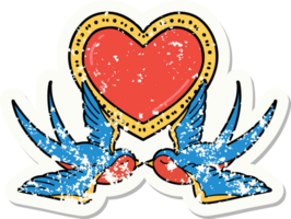 distressed sticker tattoo in traditional style of swallows and a heart png