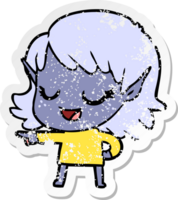 distressed sticker of a happy cartoon elf girl pointing png