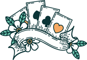 iconic tattoo style image of cards and banner png