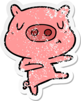 distressed sticker of a cartoon content pig dancing png